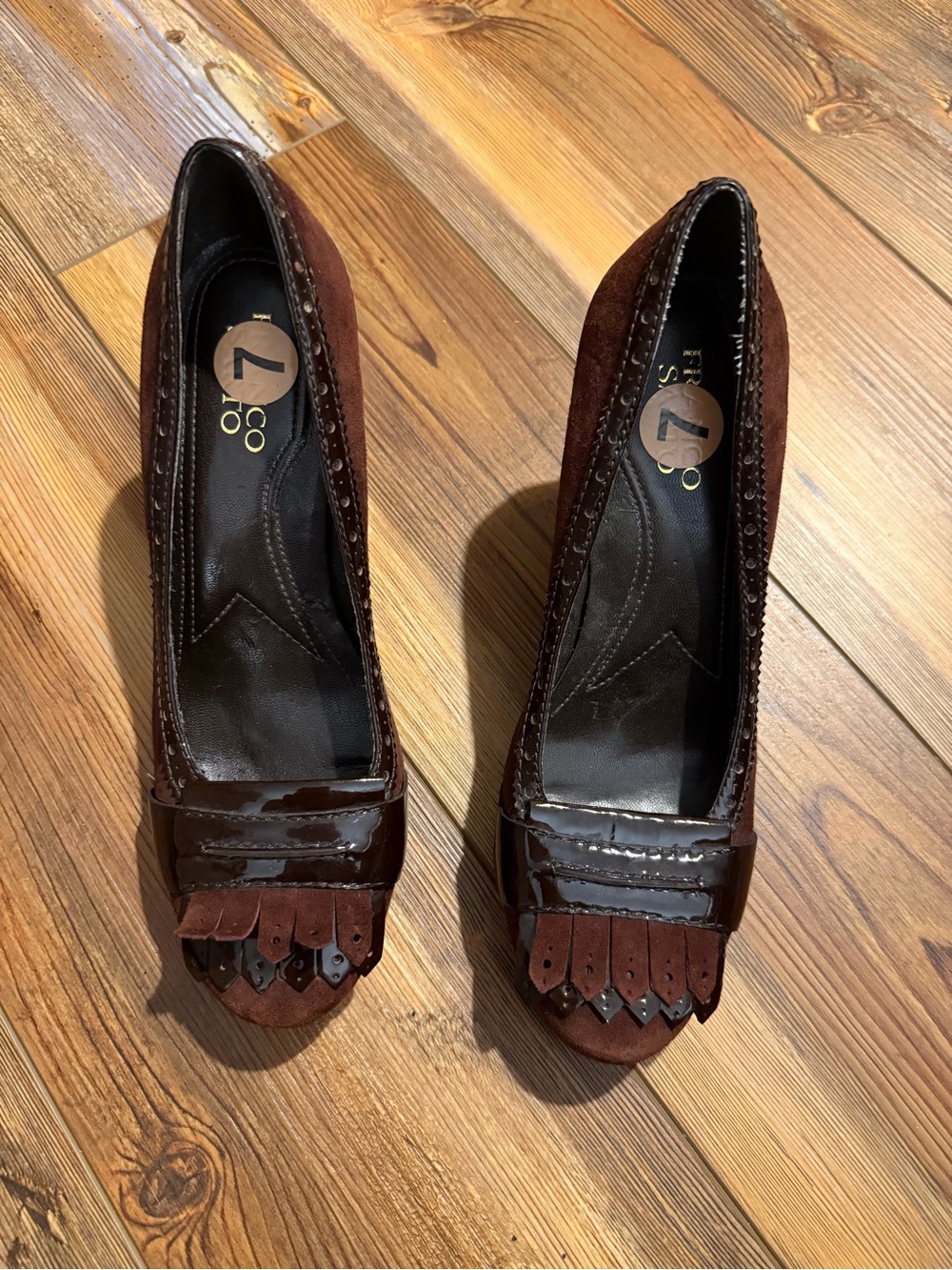 Franco Sarto Brown Suede & Patent Leather Kiltie Heels